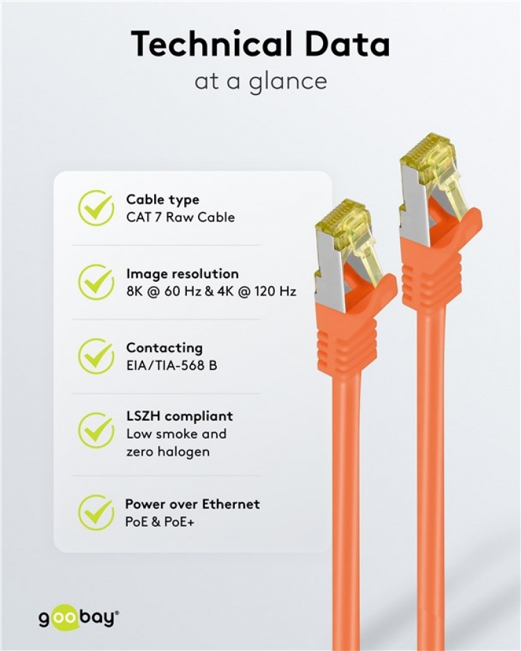 Goobay RJ45 netwerkkabel S/FTP (PiMF), 500 MHz, met CAT 7 ruwe kabel, oranje, 3 m LSZH halogeenvrije kabelmantel, koper, RJ45-connector (CAT 6A)