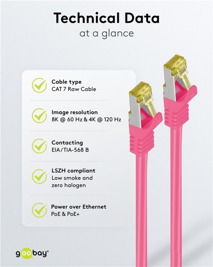 Goobay RJ45 netwerkkabel S/FTP (PiMF), 500 MHz, met CAT 7 ruwe kabel, magenta, 10 m LSZH halogeenvrije kabelmantel, koper, RJ45-connector (CAT 6A)