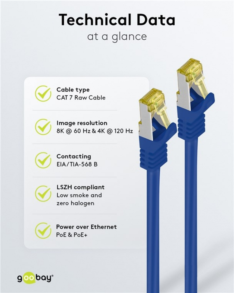 Goobay RJ45 netwerkkabel S/FTP (PiMF), 500 MHz, met CAT 7 ruwe kabel, blauw, 25 m LSZH halogeenvrije kabelmantel, koper, RJ45-connector (CAT 6A)