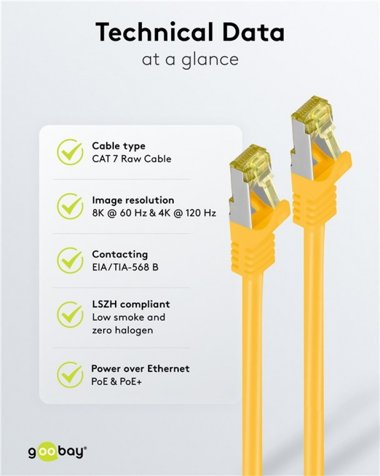 Goobay RJ45 netwerkkabel S/FTP (PiMF), 500 MHz, met CAT 7 ruwe kabel, geel, 25 m LSZH halogeenvrije kabelmantel, koper, RJ45-connector (CAT 6A)