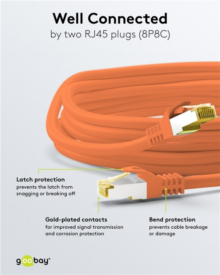 Goobay RJ45 netwerkkabel S/FTP (PiMF), 500 MHz, met CAT 7 ruwe kabel, oranje, 30 m LSZH halogeenvrije kabelmantel, koper, RJ45-connector (CAT 6A)