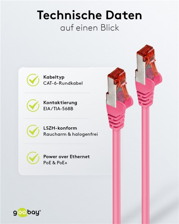 Goobay CAT 6 netwerkkabel, S/FTP (PiMF), magenta, 0,25 m kopergeleider (CU), halogeenvrije kabelmantel (LSZH)