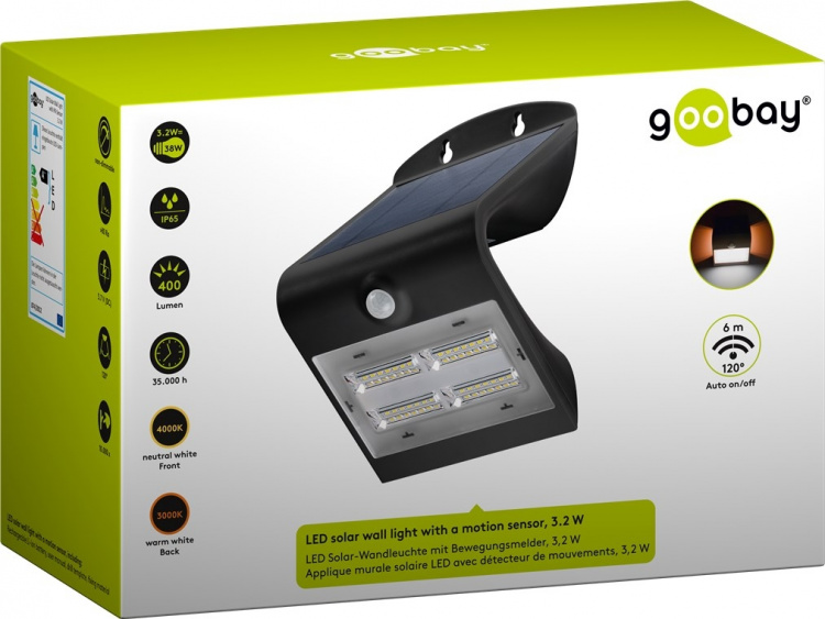 Goobay Led-muurlamp op zonne-energie met bewegingsmelder, 3,2 W lichtsysteem voor huis-entrees, carports & trappen Goobay Led-muurlamp op zonne-energie met bewegingsmelder, 3,2 W lichtsysteem voor huis-entrees, carports & trappen