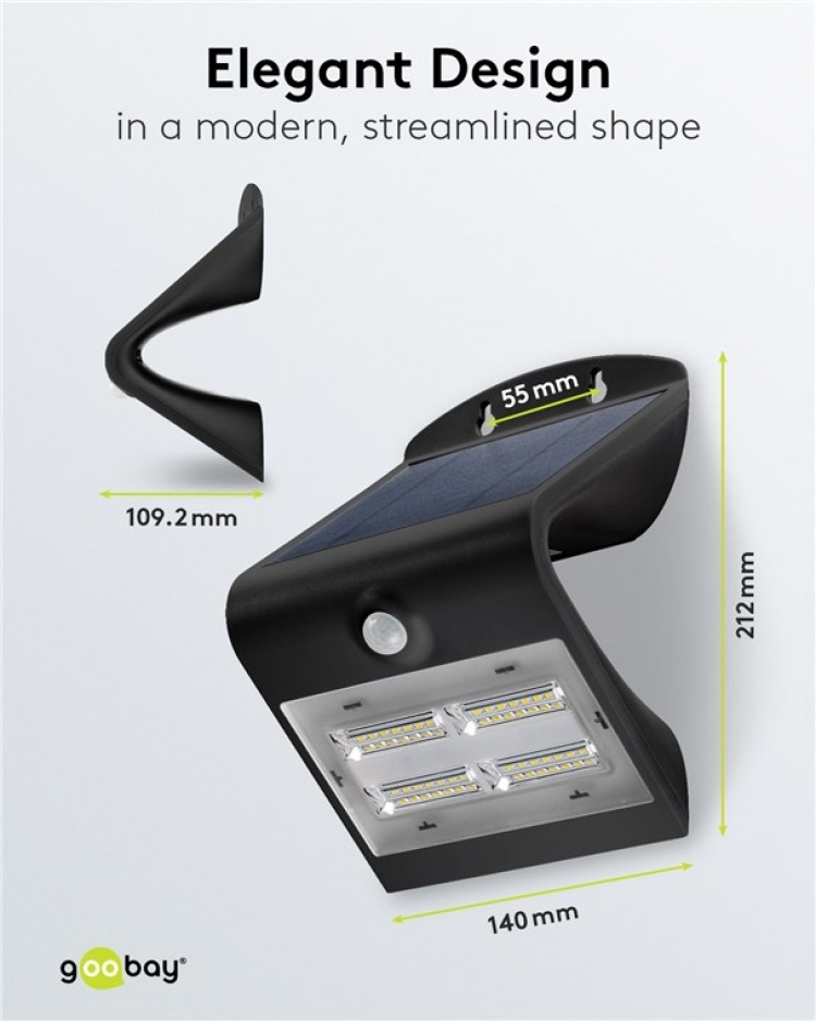 Goobay Led-muurlamp op zonne-energie met bewegingsmelder, 3,2 W lichtsysteem voor huis-entrees, carports & trappen Goobay Led-muurlamp op zonne-energie met bewegingsmelder, 3,2 W lichtsysteem voor huis-entrees, carports & trappen