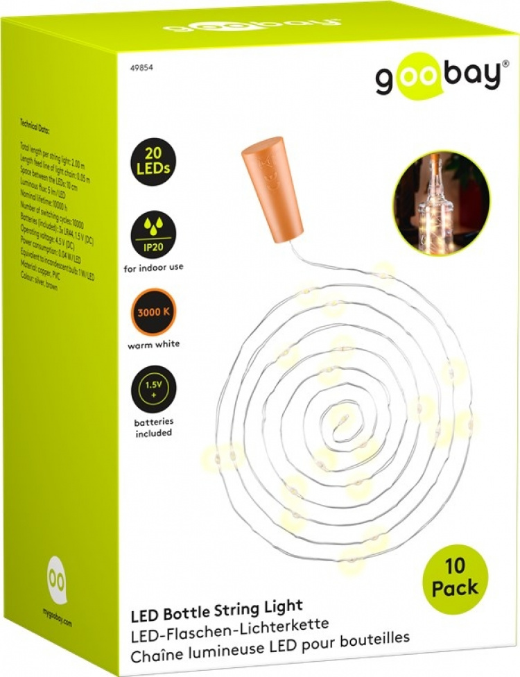 Goobay 10 x 20 LED-fleslampjesketting Atmosferische lichtgevende decoratie voor glazen flessen