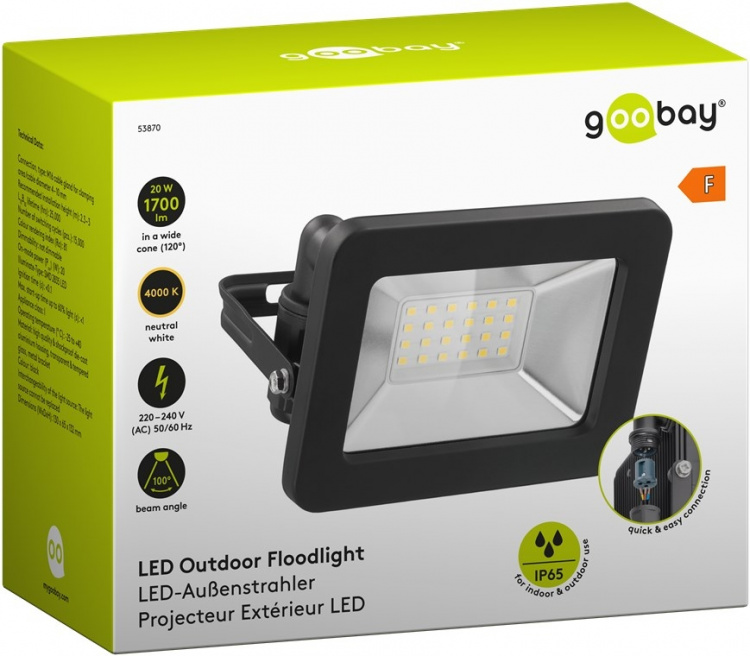 Goobay LED-buitenschijnwerper, 20 W met 1700 lm, neutraal wit licht (4000 K) en M16 wartel, geschikt voor buitengebruik (IP65)
