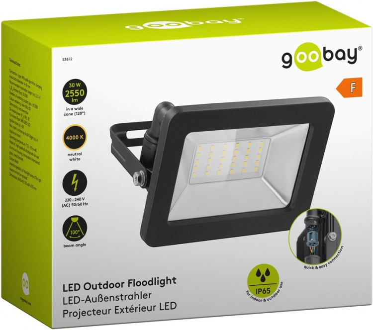 Goobay LED-buitenschijnwerper, 30 W met 2550 lm, neutraal wit licht (4000 K) en M16 wartel, geschikt voor buitengebruik (IP65) Goobay LED-buitenschijnwerper, 30 W met 2550 lm, neutraal wit licht (4000 K) en M16 wartel, geschikt voor buitengebruik (IP65)