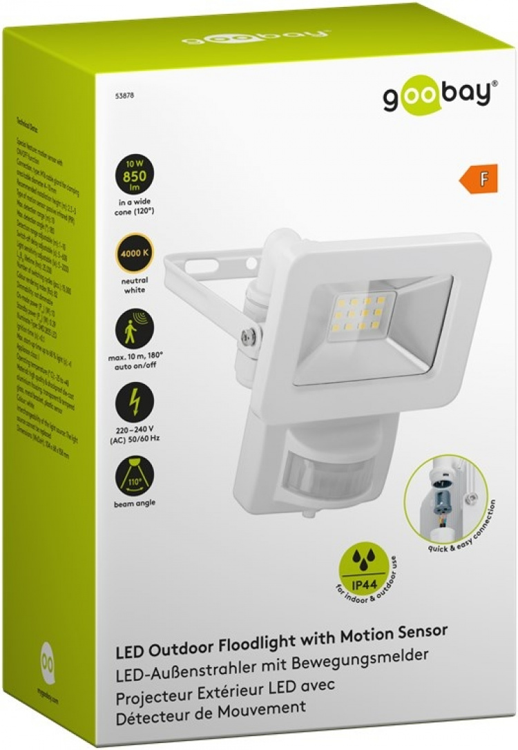 Goobay LED-buitenschijnwerper, 10 W, met bewegingsmelder met 850 lm, neutraal wit licht (4000 K), PIR-sensor met AAN/UIT-functie en M16 wartel, geschikt voor buitengebruik (IP44) Goobay LED-buitenschijnwerper, 10 W, met bewegingsmelder met 850 lm, neutraal wit licht (4000 K), PIR-sensor met AAN/UIT-functie en M16 wartel, geschikt voor buitengebruik (IP44)