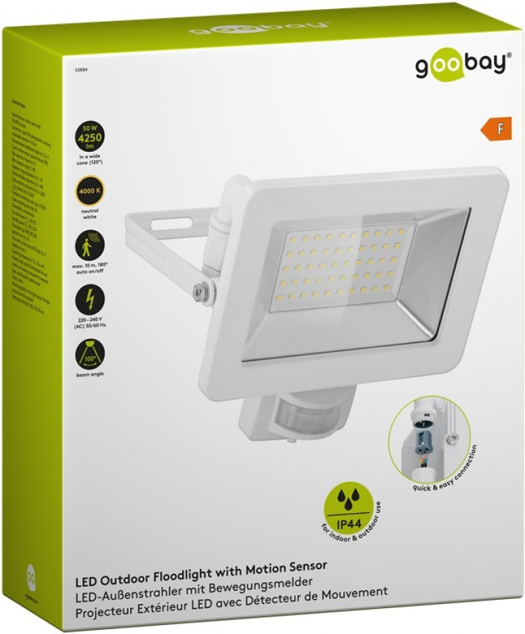 Goobay LED-buitenschijnwerper, 50 W, met bewegingsmelder met 4250 lm, neutraal wit licht (4000 K), PIR-sensor met AAN/UIT-functie en M16 wartel, geschikt voor buitengebruik (IP44)