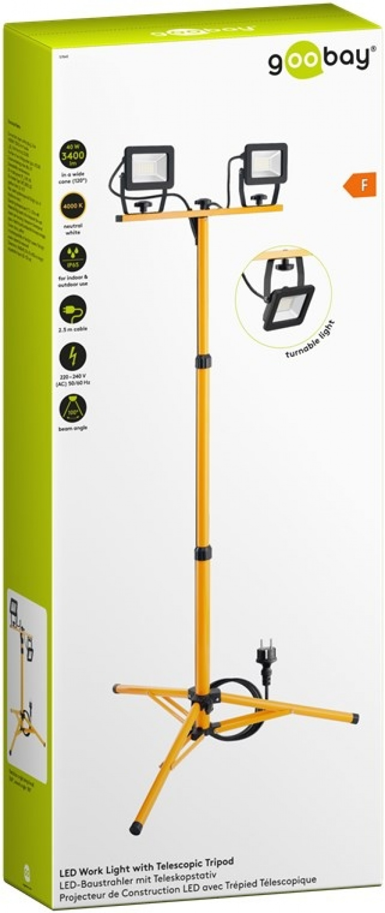 Goobay LED-bouwspot met telescoopstatief, 2x 20 W met een totaal van 3400 lm en neutraal wit licht (4000 K), geschikt voor binnen- en buitengebruik (IP65)