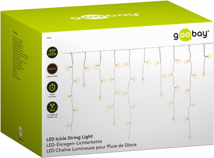 Goobay 400er LED ijsregen lichtketting met timerfunctie en 24 V buitentransformator, warmwit (3000 K), voor binnen- en buitengebruik (IP44) Goobay 400er LED ijsregen lichtketting met timerfunctie en 24 V buitentransformator, warmwit (3000 K), voor binnen- en buitengebruik (IP44)
