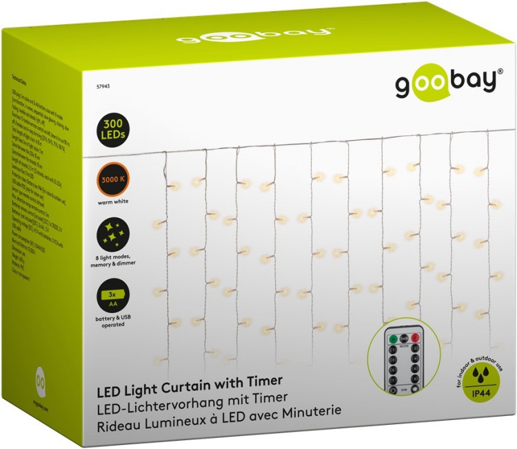 Goobay 300 LED lichtgordijn met afstandsbediening, timerfunctie, 8 lichtstanden, dimmer, USB- en batterijvoeding, warm-wit (3000 K) Goobay 300 LED lichtgordijn met afstandsbediening, timerfunctie, 8 lichtstanden, dimmer, USB- en batterijvoeding, warm-wit (3000 K)