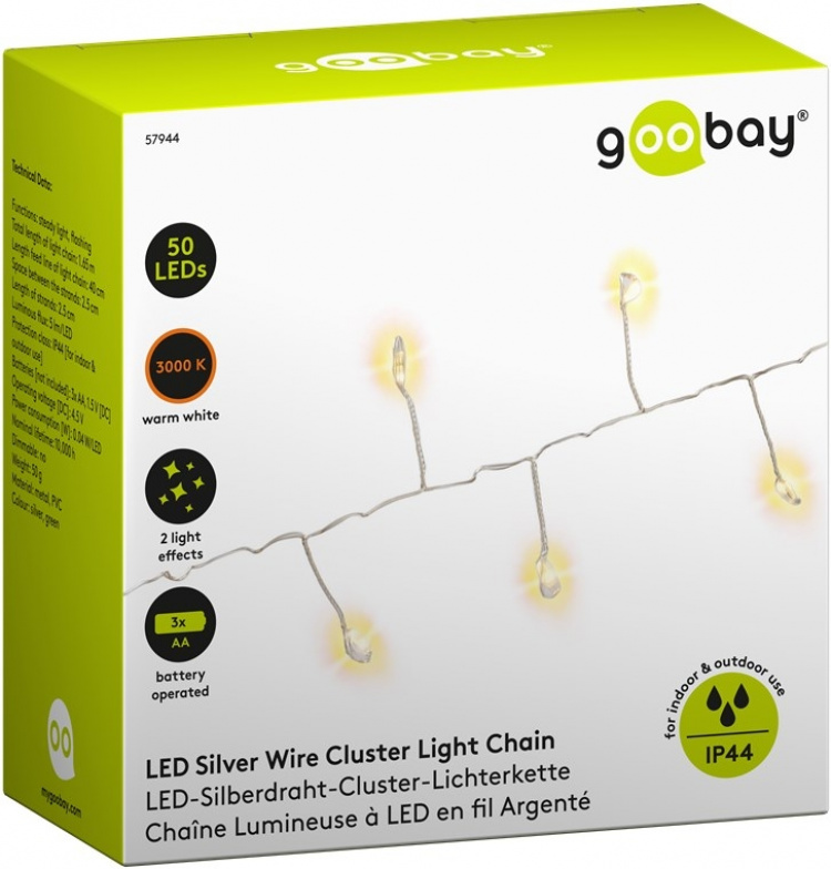 Goobay 50er LED zilver draad cluster lichtketting met 2 lichtstanden, warm-wit (3000 K), werkt op batterijen, voor gebruik binnen en buiten (IP44)