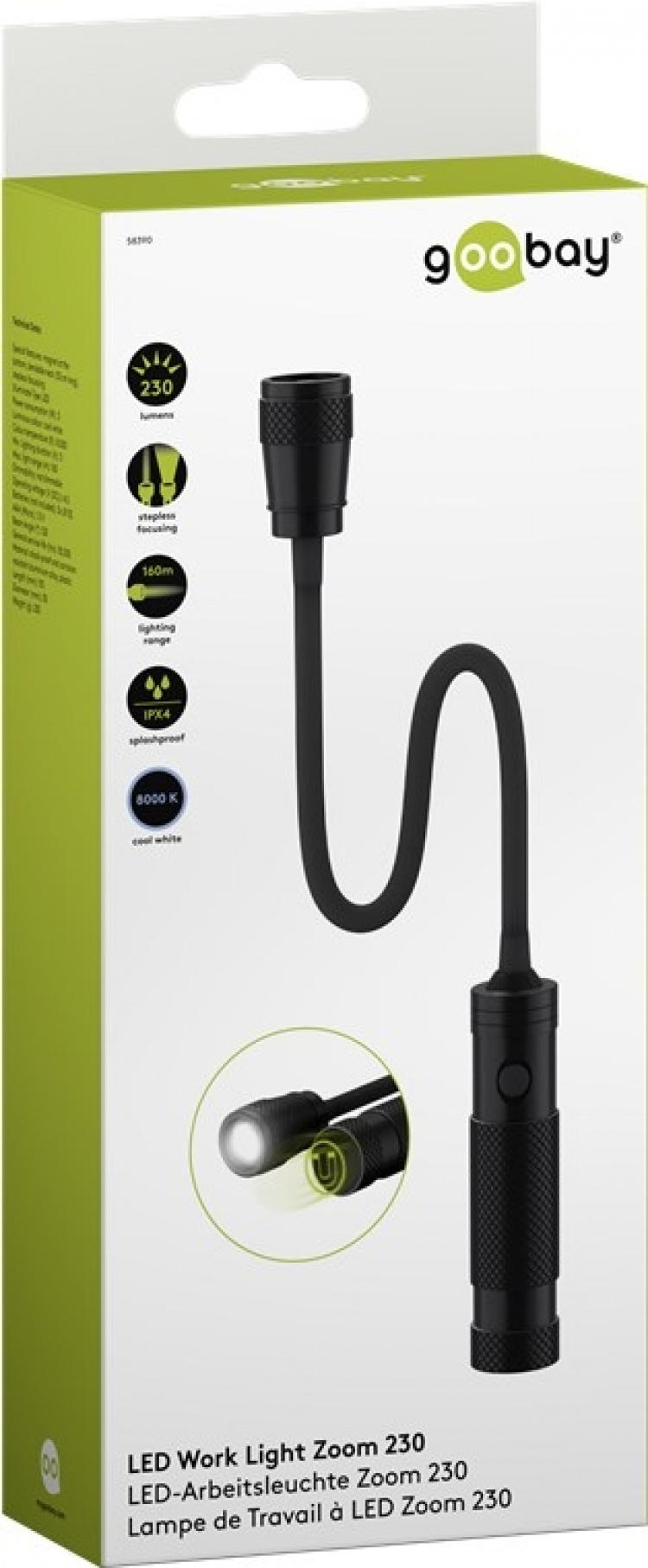 Goobay Led-werklamp Zoom 230 met 230 lm en koud wit licht (8000 K), ideaal voor werk, vrije tijd en bij pech onderweg Goobay Led-werklamp Zoom 230 met 230 lm en koud wit licht (8000 K), ideaal voor werk, vrije tijd en bij pech onderweg