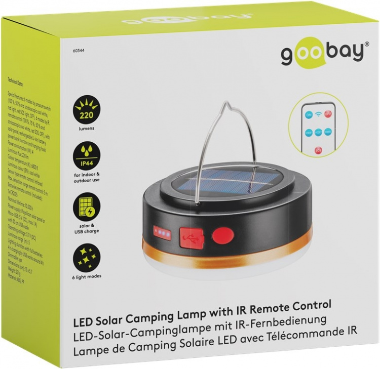 Goobay LED zonne-campinglamp met IR afstandsbediening met 6 lichtstanden, zonnepaneel, Li-ion batterij 18650 (3,7 V, 2000 mAh), powerbank-functie en USB-kabel, geschikt voor buitengebruik (IP44) Goobay LED zonne-campinglamp met IR afstandsbediening met 6 lichtstanden, zonnepaneel, Li-ion batterij 18650 (3,7 V, 2000 mAh), powerbank-functie en USB-kabel, geschikt voor buitengebruik (IP44)