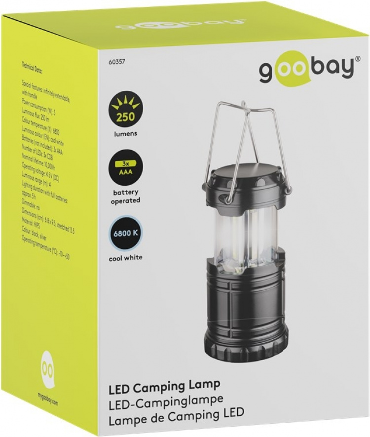 Goobay LED campinglamp High Bright 250 intrekbaar, compact ontwerp, zeer helder, koud wit (6800 K)