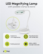 Goobay Led-loeplamp staand/klemmend, 6 W, wit 480 lm, 100 mm glazen lens, 1,75x vergroting, 3 dioptrieën