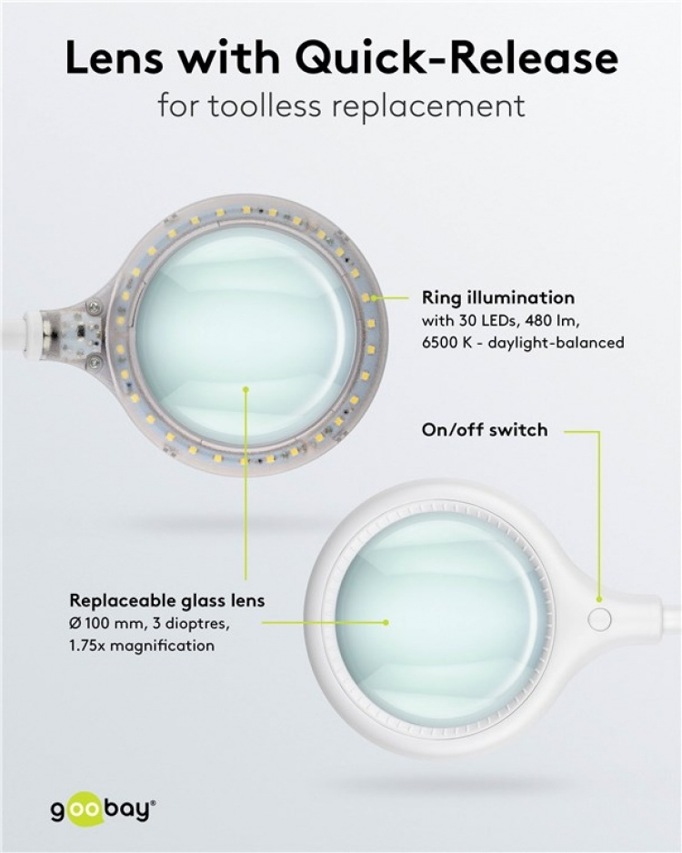 Goobay Led-loeplamp staand/klemmend, 6 W, wit 480 lm, 100 mm glazen lens, 1,75x vergroting, 3 dioptrieën