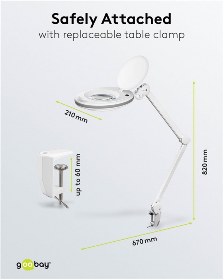 Goobay Led-loeplamp met klem, 8 W, wit 650 lm, 127 mm kristalglas lens, 1,75x vergroting, 3 dioptrieën