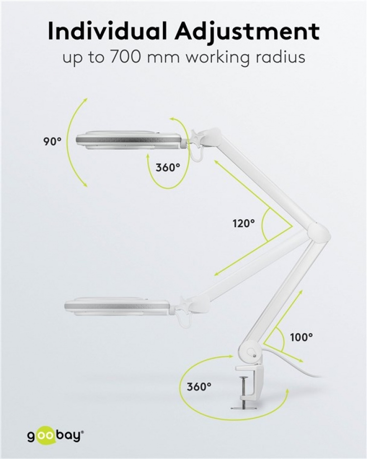 Goobay Led-loeplamp met klem, 8 W, wit 650 lm, 127 mm kristalglas lens, 1,75x vergroting, 3 dioptrieën