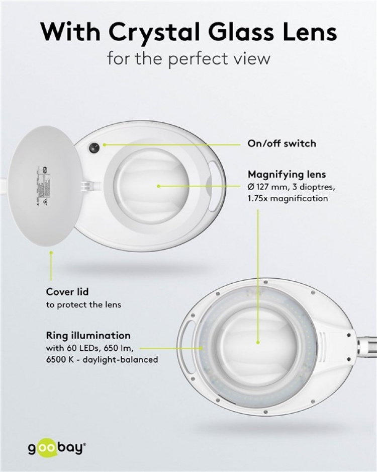 Goobay Led-loeplamp met klem, 8 W, wit 650 lm, 127 mm kristalglas lens, 1,75x vergroting, 3 dioptrieën
