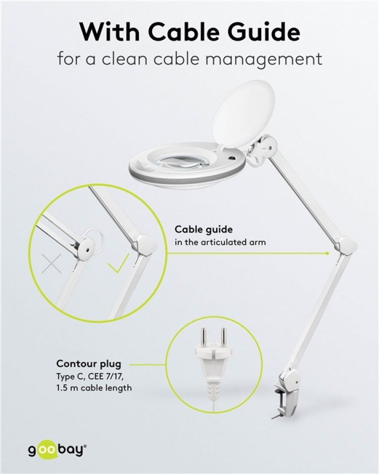 Goobay Led-loeplamp met klem, 8 W, wit 650 lm, 127 mm kristalglas lens, 1,75x vergroting, 3 dioptrieën