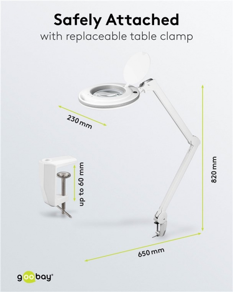 Goobay Led-loeplamp met klem, 9 W, wit 80-730 lm, dimbaar, 127 mm kristalglas lens, 1.75x vergroting, 3 dioptrieën
