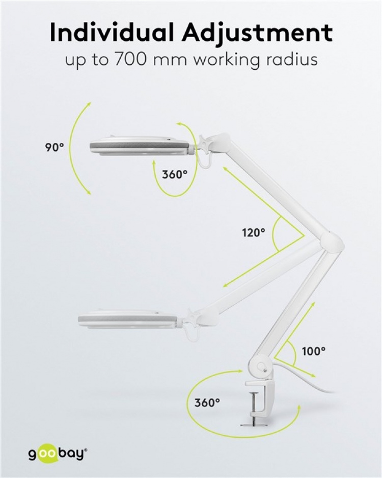 Goobay Led-loeplamp met klem, 9 W, wit 80-730 lm, dimbaar, 127 mm kristalglas lens, 1.75x vergroting, 3 dioptrieën