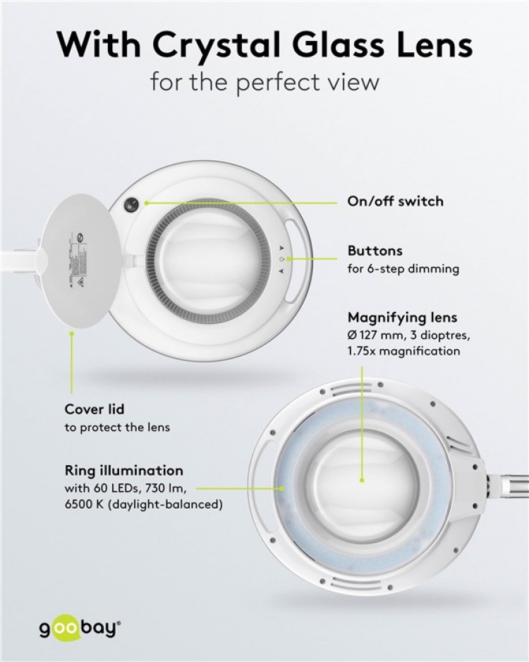 Goobay Led-loeplamp met klem, 9 W, wit 80-730 lm, dimbaar, 127 mm kristalglas lens, 1.75x vergroting, 3 dioptrieën