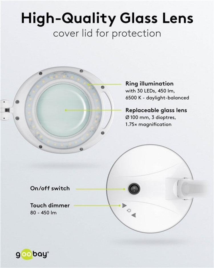Goobay LED-loeplamp staand, 6 W, wit 80-450 lm, dimbaar, 100 mm glazen lens, 1,75x vergroting, 3 dioptrieën Goobay LED-loeplamp staand, 6 W, wit 80-450 lm, dimbaar, 100 mm glazen lens, 1,75x vergroting, 3 dioptrieën