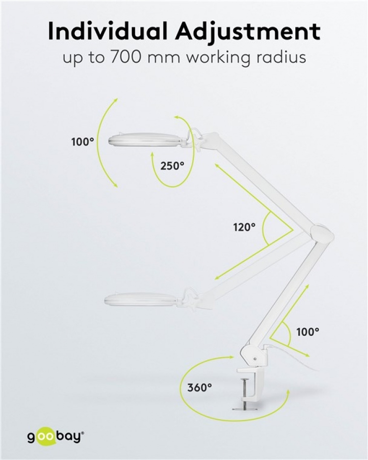 Goobay Led-loeplamp met klem, 10 W, wit 800 lm, helderheid en lichtkleur instelbaar, 127 mm glazen lens, 1,75x vergroting, 3 dioptrieën Goobay Led-loeplamp met klem, 10 W, wit 800 lm, helderheid en lichtkleur instelbaar, 127 mm glazen lens, 1,75x vergroting, 3 dioptrieën