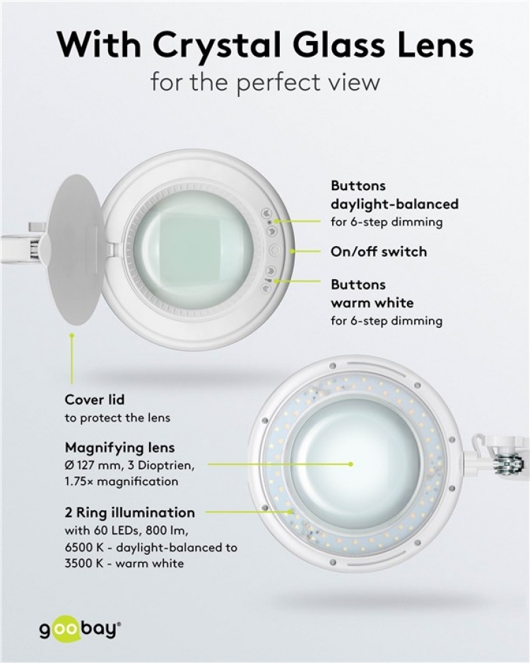 Goobay Led-loeplamp met klem, 10 W, wit 800 lm, helderheid en lichtkleur instelbaar, 127 mm glazen lens, 1,75x vergroting, 3 dioptrieën Goobay Led-loeplamp met klem, 10 W, wit 800 lm, helderheid en lichtkleur instelbaar, 127 mm glazen lens, 1,75x vergroting, 3 dioptrieën