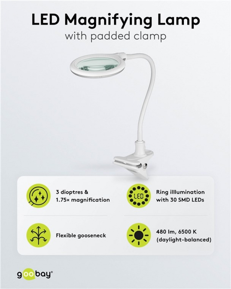 Goobay Led-loeplamp met klem, 6 W, wit 480 lm, 100 mm glazen lens, 1,75x vergroting, 3 dioptrieën