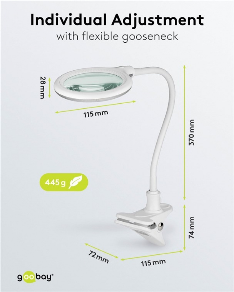 Goobay Led-loeplamp met klem, 6 W, wit 480 lm, 100 mm glazen lens, 1,75x vergroting, 3 dioptrieën