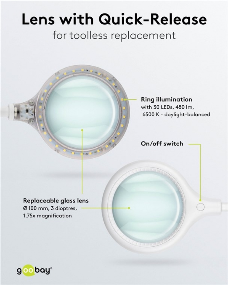 Goobay Led-loeplamp met klem, 6 W, wit 480 lm, 100 mm glazen lens, 1,75x vergroting, 3 dioptrieën