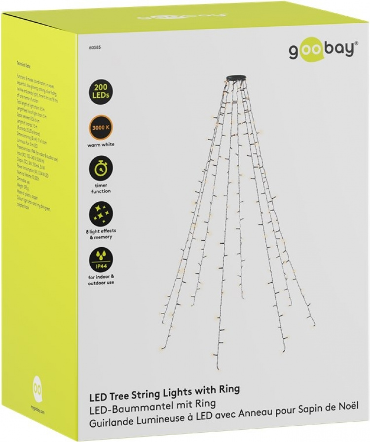 Goobay 200 LED-verlichting met ring voor de kerstboom met timer en geheugenfunctie, 8 lichtstanden, externe transformator 24 V, warm wit (3000 K), voor binnen en buiten (IP44) Goobay 200 LED-verlichting met ring voor de kerstboom met timer en geheugenfunctie, 8 lichtstanden, externe transformator 24 V, warm wit (3000 K), voor binnen en buiten (IP44)