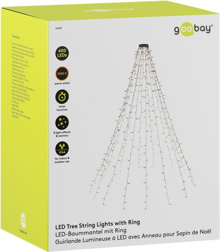 Goobay 400 LED-verlichting met ring voor de kerstboom met timer en geheugenfunctie, 8 lichtstanden, externe transformator 24 V, warm wit (3000 K), voor binnen en buiten (IP44) Goobay 400 LED-verlichting met ring voor de kerstboom met timer en geheugenfunctie, 8 lichtstanden, externe transformator 24 V, warm wit (3000 K), voor binnen en buiten (IP44)