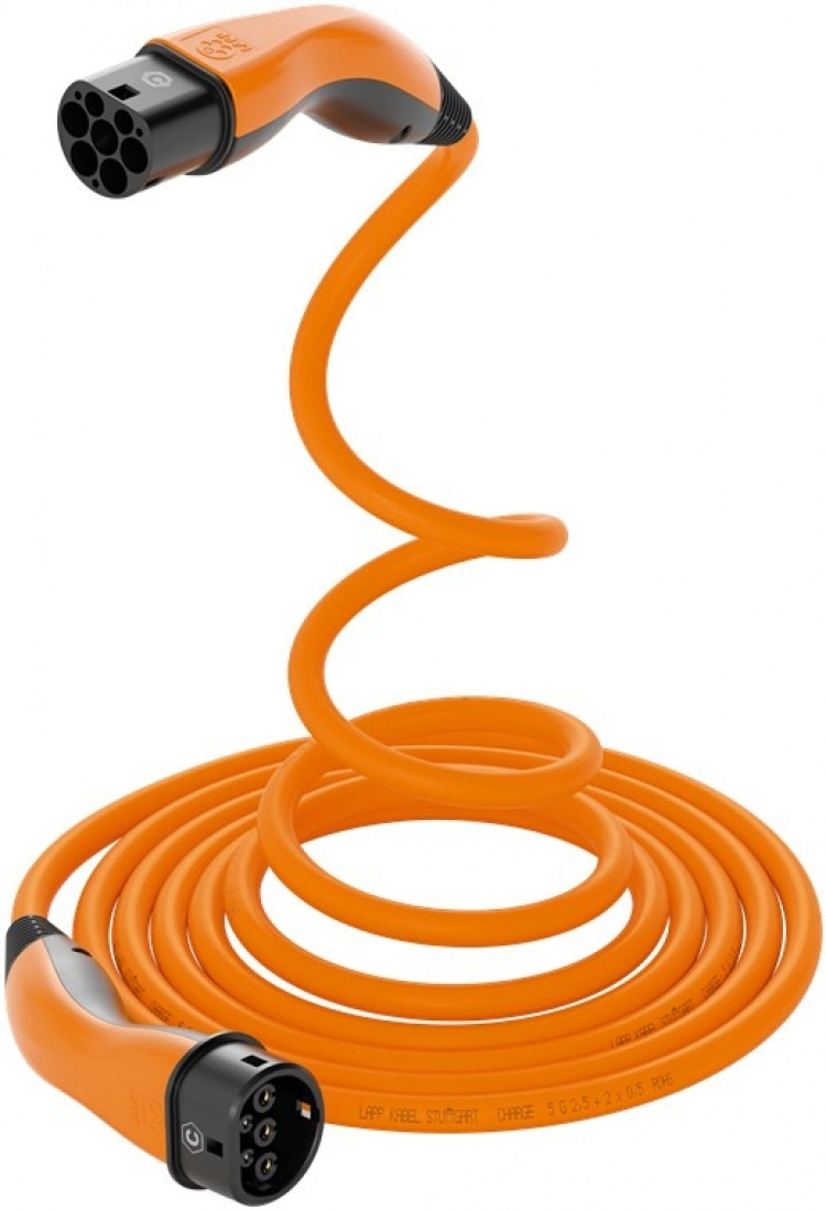 LAPP MOBILITY HELIX laadkabel Type 2, tot 7,4 kW, 5 m, oranje (5555935014) 32 A, 1-fase, voor het opladen van hybride en elektrische auto\'s met Type 2-aansluiting