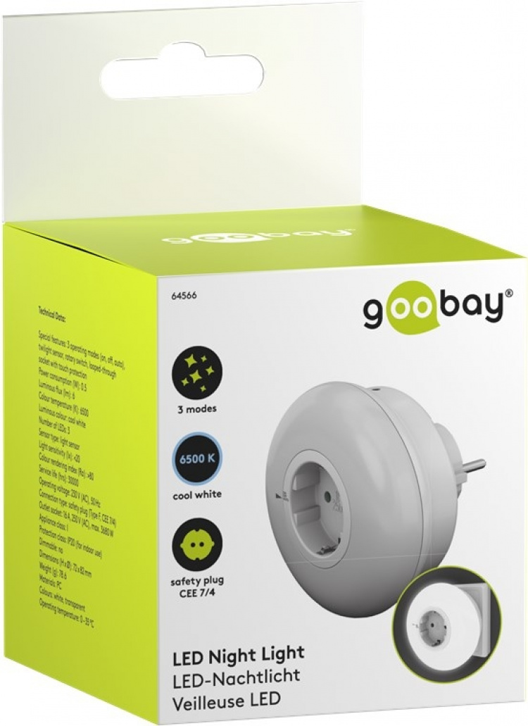 Goobay Led-nachtlampje voor het stopcontact met 3 bedrijfsmodi (On, Off, Auto), schemeringssensor en contactdoos met aardcontact (type F)