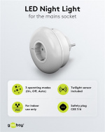 Goobay Led-nachtlampje voor het stopcontact met 3 bedrijfsmodi (On, Off, Auto), schemeringssensor en contactdoos met aardcontact (type F)