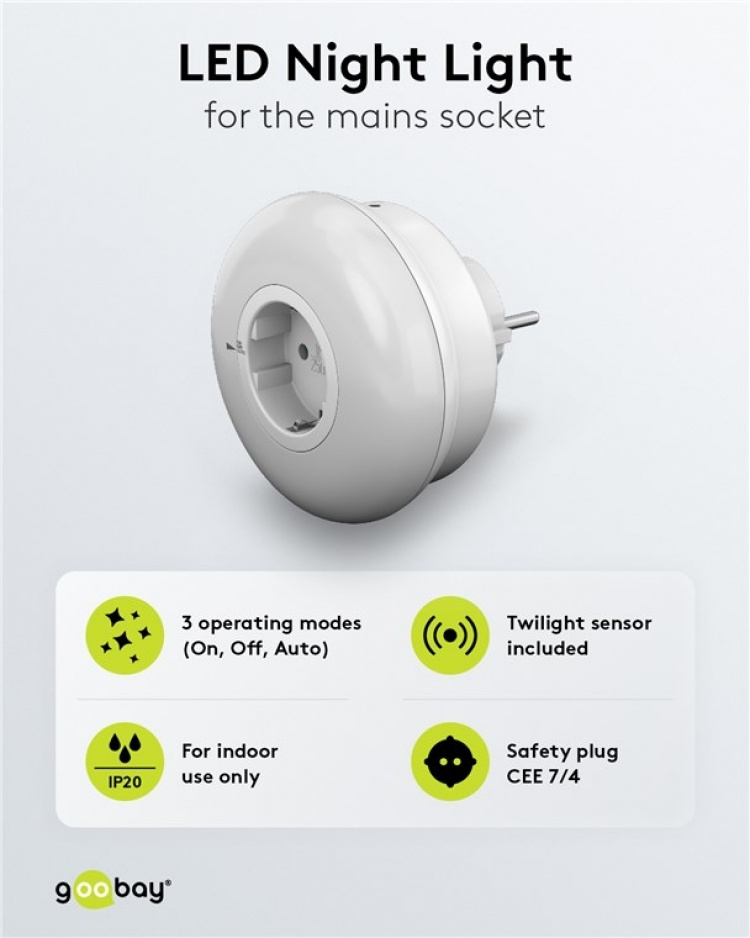 Goobay Led-nachtlampje voor het stopcontact met 3 bedrijfsmodi (On, Off, Auto), schemeringssensor en contactdoos met aardcontact (type F)