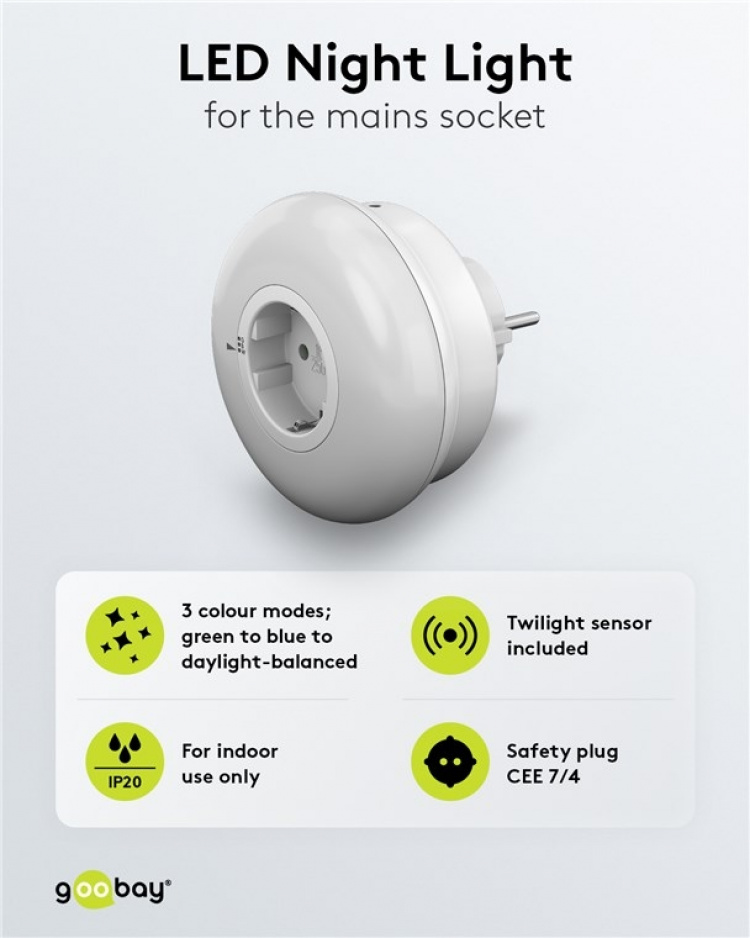 Goobay Led-nachtlampje voor het stopcontact met kleurwisselfunctie (groen, blauw, daglichtwit), schemeringssensor en contactdoos met aardcontact (type F)