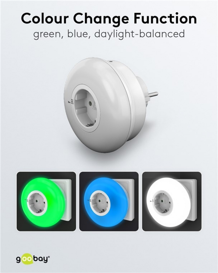 Goobay Led-nachtlampje voor het stopcontact met kleurwisselfunctie (groen, blauw, daglichtwit), schemeringssensor en contactdoos met aardcontact (type F)