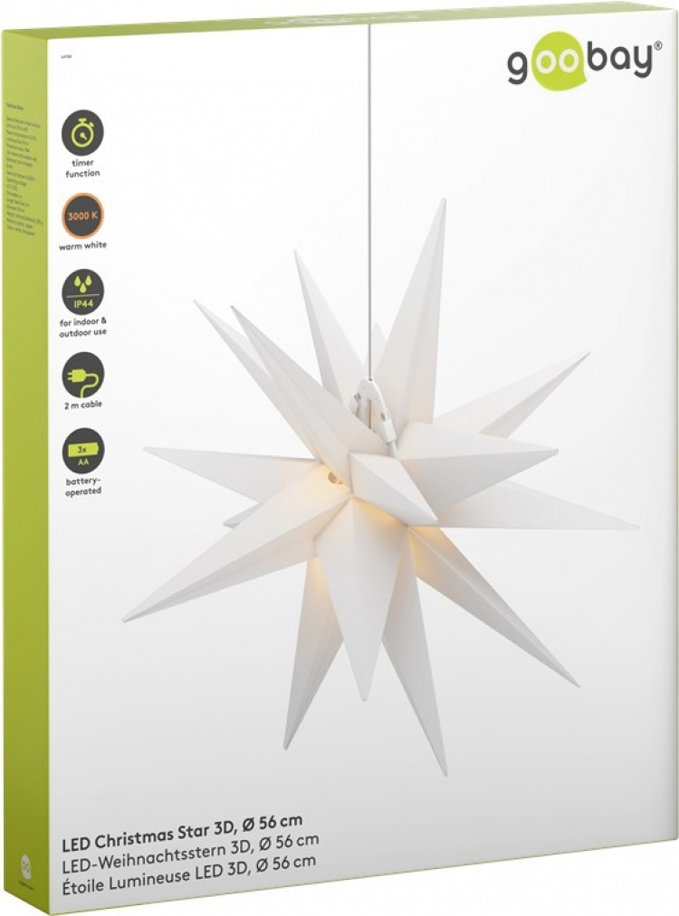Goobay LED kerstster 3D, Ø 56 cm, op batterijen met timer en 18 punten, warm wit (3000 K), van weerbestendig kunststof (IP44), kabel 2 m Goobay LED kerstster 3D, Ø 56 cm, op batterijen met timer en 18 punten, warm wit (3000 K), van weerbestendig kunststof (IP44), kabel 2 m