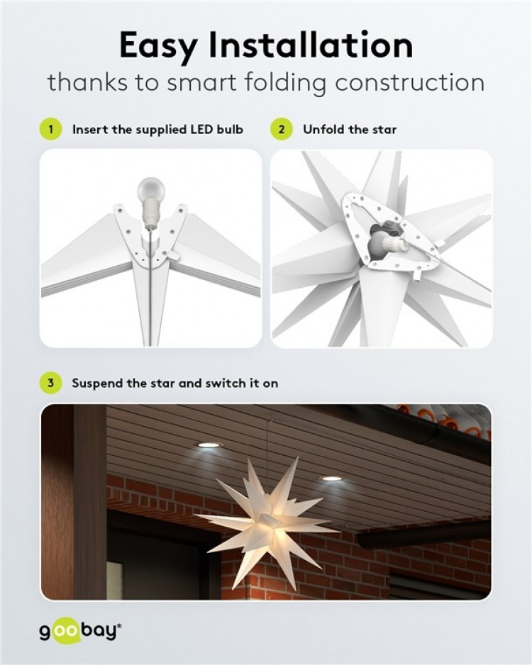 Goobay LED kerstster 3D, Ø 56 cm, buiten transformator 4,5 V met timer en 18 punten, warm wit (3000 K), van weerbestendig kunststof (IP44), kabel 9,5 m