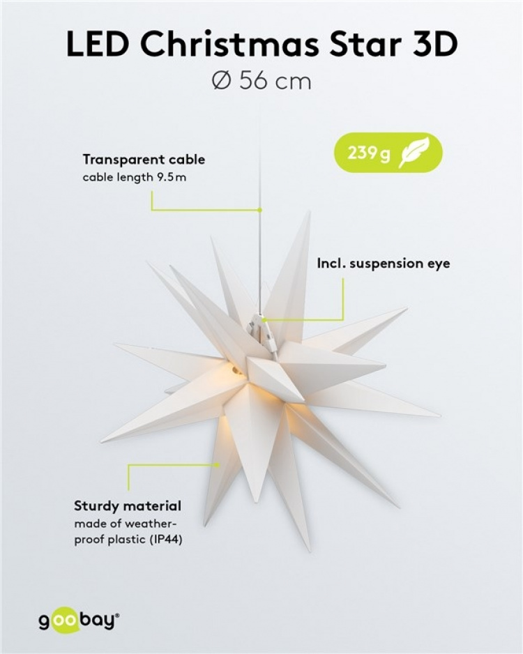 Goobay LED kerstster 3D, Ø 56 cm, buiten transformator 4,5 V met timer en 18 punten, warm wit (3000 K), van weerbestendig kunststof (IP44), kabel 9,5 m
