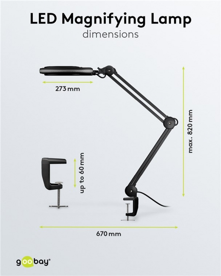 Goobay Led-loeplamp met klem, 8 W, zwart 650 lm, 127 mm glazen lens, 1,75x vergroting, 3 dioptrieën
