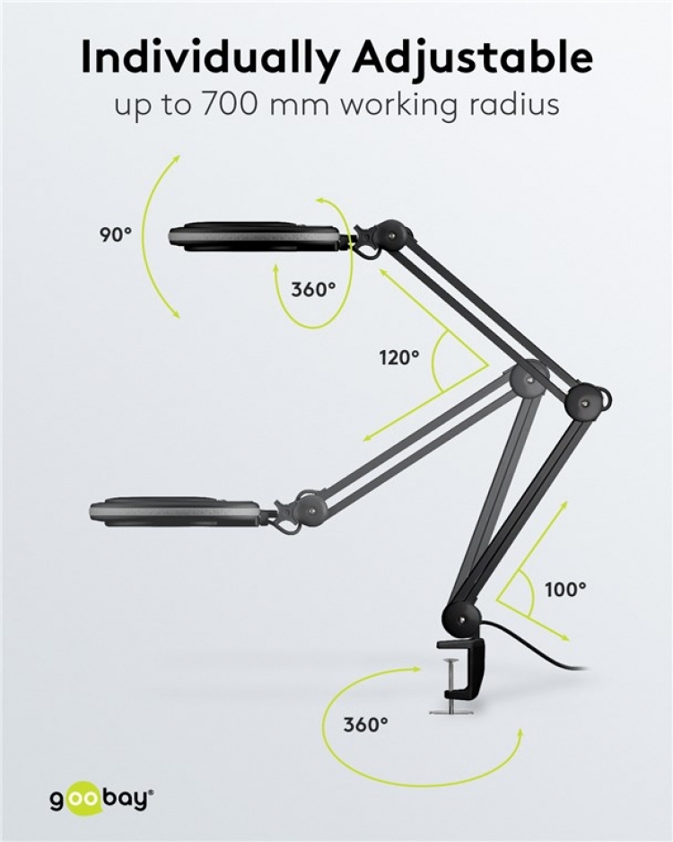 Goobay Led-loeplamp met klem, 8 W, zwart 650 lm, 127 mm glazen lens, 1,75x vergroting, 3 dioptrieën