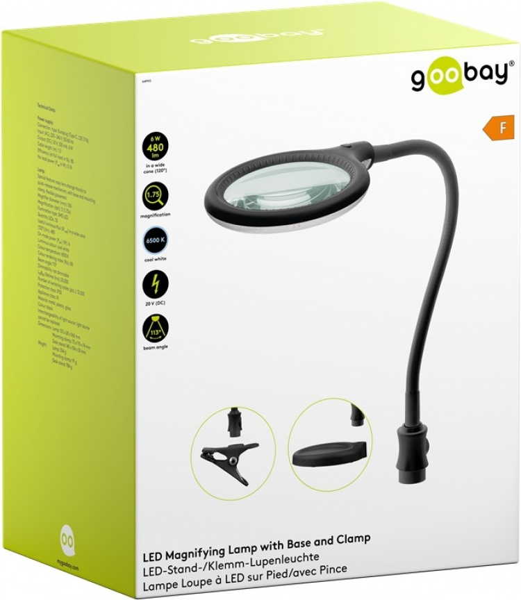 Goobay Led-loeplamp staand/klemmend, 6 W, zwart 480 lm, 100 mm glazen lens, 1,75x vergroting, 3 dioptrieën Goobay Led-loeplamp staand/klemmend, 6 W, zwart 480 lm, 100 mm glazen lens, 1,75x vergroting, 3 dioptrieën