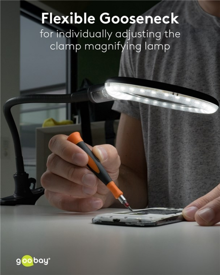 Goobay Led-loeplamp staand/klemmend, 6 W, zwart 480 lm, 100 mm glazen lens, 1,75x vergroting, 3 dioptrieën Goobay Led-loeplamp staand/klemmend, 6 W, zwart 480 lm, 100 mm glazen lens, 1,75x vergroting, 3 dioptrieën